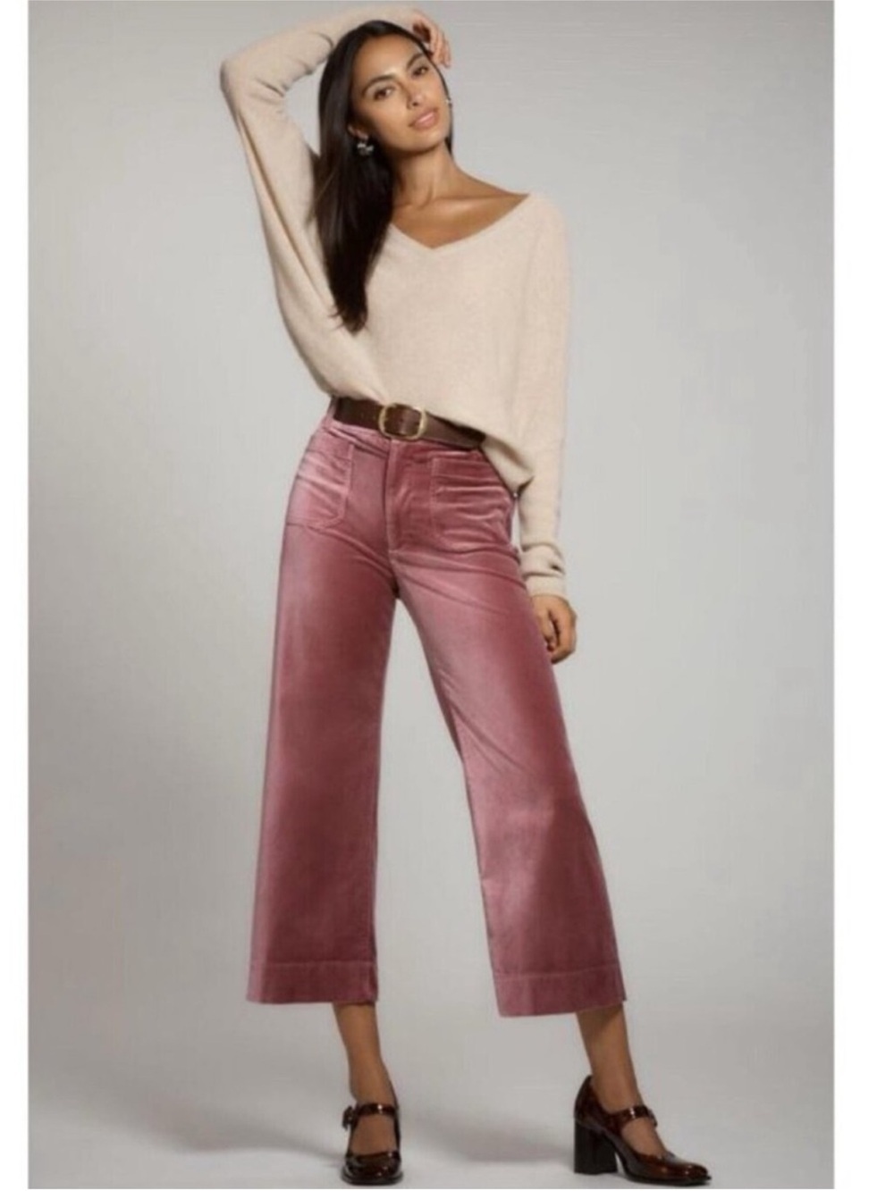 Anthropologie Maeve Colette Cropped Wide Leg Pant Velvet Pants In Mauve Size 32
